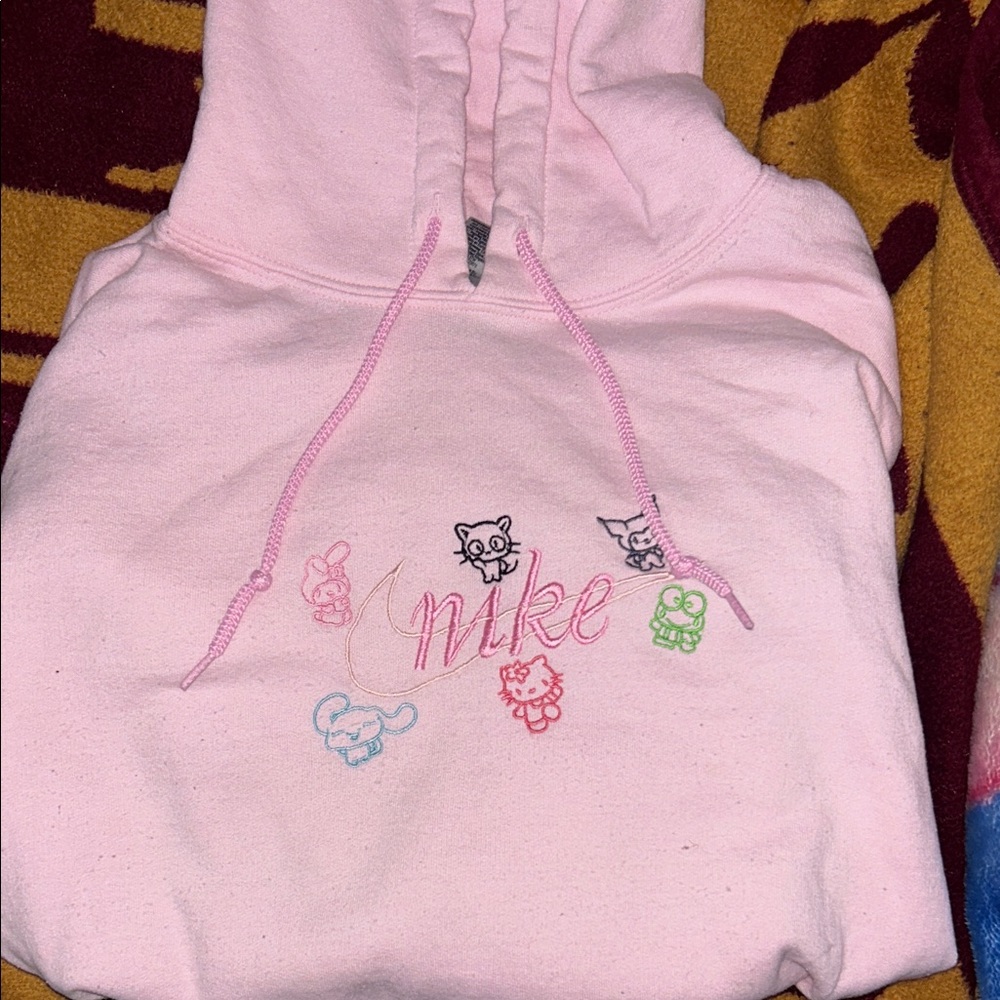 Nike Light Pink Hoodie with Embroidered Characters- with hello kitty characters!